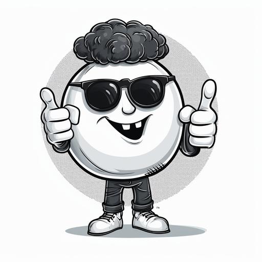 groovy ball cartoon character with attitude wearing sunglasses giving thumbs up. drawn black and white with thick ink pen.