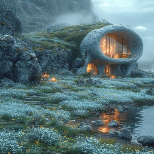 ground covered in crawling black sea urchins, beautiful photo of sunset storm, green marsh, dramatis personae, desert plains, the cutest futuristic monolith cottage, with large windows, lake, little campfire. White and blue flowers, misty, dense fog - Image #3