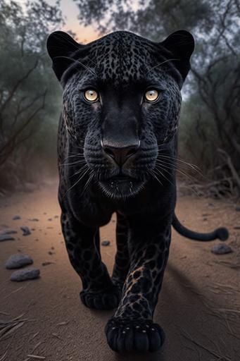 ground level view, front view, full, body, gopro, shaved fur in the shape of a heraldic lightning emblem on the forehead of a black leopard growling, cinematic, Wildlife Photography, --ar 2:3 --uplight --s 250