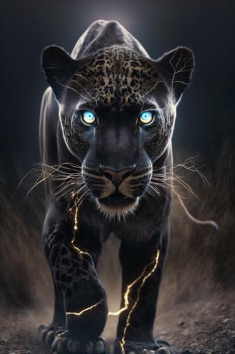 ground level view, front view, full, body, gopro, shaved fur in the shape of a heraldic lightning emblem on the forehead of a black leopard growling, cinematic, Wildlife Photography, --ar 2:3 --uplight --s 250
