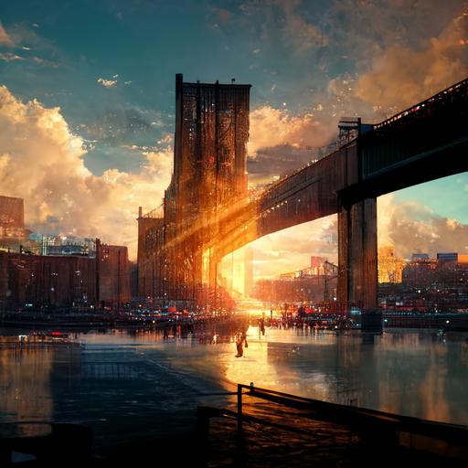 ground view New York windows shatter sunset, Brooklyn Bridge, a girl in a dress looking at, cinematic look, rule of thirds, rays of sun shining, unreal engine render 3d rendering, redshift,  --quality 2 --v 3 --s 6000