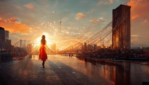 ground view New York windows shatter sunset, Brooklyn Bridge, a girl in a dress looking at, cinematic look, rule of thirds, rays of sun shining, unreal engine render 3d rendering, redshift, 8k, --ar 16:9 --quality 2 --v 3 --s 6000