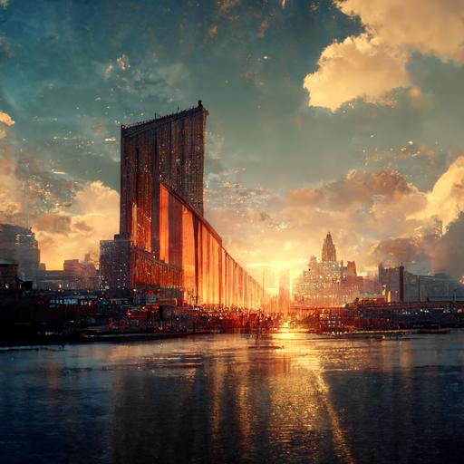 ground view New York windows shatter sunset, Brooklyn Bridge, a girl in a dress looking at, cinematic look, rule of thirds, rays of sun shining, unreal engine render 3d rendering, redshift,  --quality 2 --v 3 --s 6000