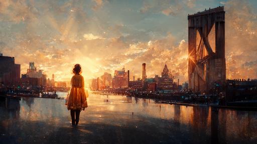 ground view New York windows shatter sunset, Brooklyn Bridge, a girl in a dress looking at, cinematic look, rule of thirds, rays of sun shining, unreal engine render 3d rendering, redshift, 8k, --ar 16:9 --quality 2 --v 3 --s 6000