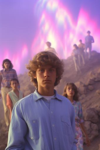 group candid teen photo, 1980s technicolor photograph of real life people kid child characters, with their souls leaving their bodies, symbolism, soul leaving body, psychedelic multiverse flying, desert landscape, glowing aura smoke, full spectrum color, prism holographic rainbow, c4d, octane render, cinematic lighting, hyper detailed, portal, intricate details, 8k, retro technology, retro science lab sci Fi, and glowing slime aesthetic, creatures, ultra realistic lighting, sinister, occult, dancing, with models and abstract iridescent translucent organic mineral specimens, symbol, interaction, glow, full color spectrum --ar 2:3 --q 2