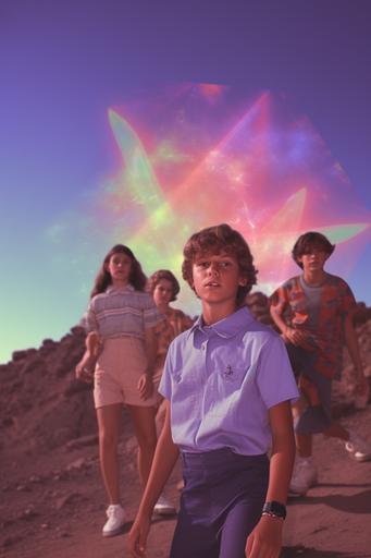 group candid teen photo, 1980s technicolor photograph of real life people kid child characters, with their souls leaving their bodies, symbolism, soul leaving body, psychedelic multiverse flying, desert landscape, glowing aura smoke, full spectrum color, prism holographic rainbow, c4d, octane render, cinematic lighting, hyper detailed, portal, intricate details, 8k, retro technology, retro science lab sci Fi, and glowing slime aesthetic, creatures, ultra realistic lighting, sinister, occult, dancing, with models and abstract iridescent translucent organic mineral specimens, symbol, interaction, glow, full color spectrum --ar 2:3 --q 2