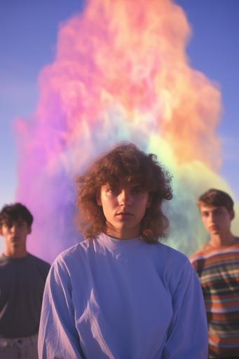 group candid teen photo, 1980s technicolor photograph of real life people kid child characters, with their souls leaving their bodies, symbolism, soul leaving body, psychedelic multiverse flying, desert landscape, glowing aura smoke, full spectrum color, prism holographic rainbow, c4d, octane render, cinematic lighting, hyper detailed, portal, intricate details, 8k, retro technology, retro science lab sci Fi, and glowing slime aesthetic, creatures, ultra realistic lighting, sinister, occult, dancing, with models and abstract iridescent translucent organic mineral specimens, symbol, interaction, glow, full color spectrum --ar 2:3 --q 2