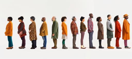 group of 11 people of different ages, genders and ethnicities standing in a line. --ar 20:9 --v 6.0