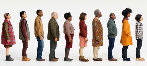 group of 11 people of different ages, genders and ethnicities standing in a line. --ar 20:9