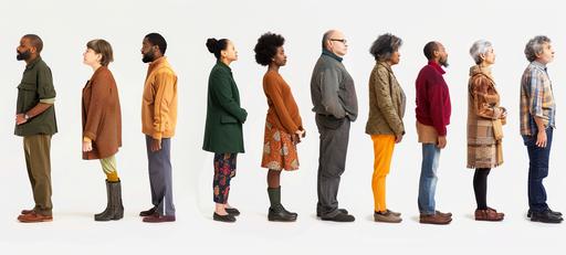 group of 11 people of different ages, genders and ethnicities standing in a line. --ar 20:9