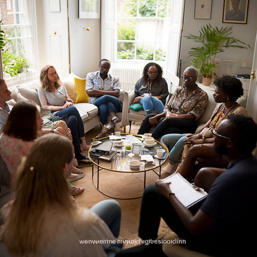 group of eight adults who are psychotherapists, mixture of men and women of all ages and racial backgrounds, attending an informal weekend workshop that is being taught by a man and a women, the setting is a very stylish decorated living room in muted tones of grey, white, greens and yellows, the location is london uk and it is a morning in early summer. the group are sitting on a mixture of sofas and arm chairs around the edges of the room and there are side tables with glass tumblers of water and carafs of water, the room is decorated with neutral artwork, carpets and area rugs and has wood side tables and end tables everyone looks happy and enjoying the workshop ar 16:9
