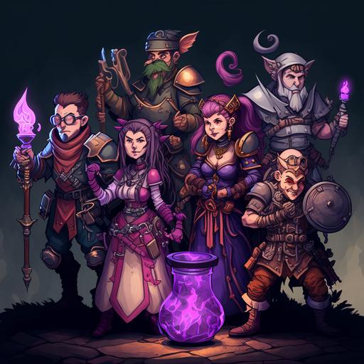 group of fantasy heroes, realistic, one is elf with greatsword, second woman with pink skin in purple dress, second is man warrior 20 year age, third is small woman gnome with round glasses holding alchimistic flasks, fourth is woman dwarf holding who axes, fifth is high robot humanoid with latern, all od them are in dark cave, holding torches