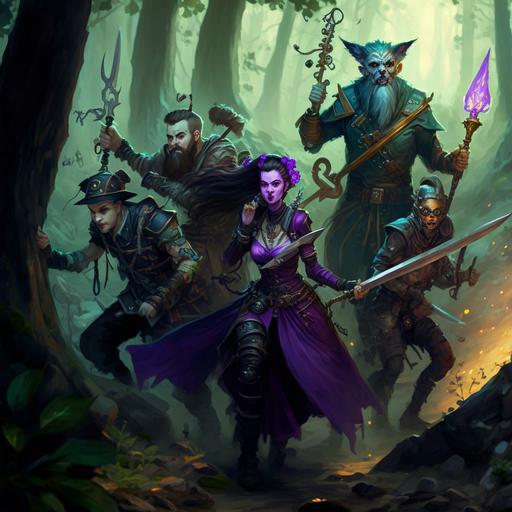 group of fantasy heroes, wood elf with dark short hair, gnome woman alchymist with glasses, young man with greatsword on his back, thiefling woman in purple dress, humanoind robot in black clothes, woman dwarf with two one hand axes, fighting against enemies in forrest