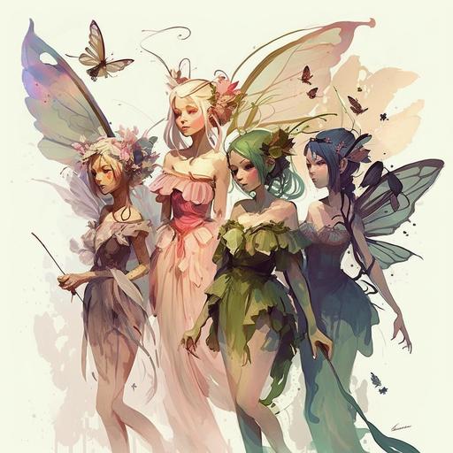 group of female, ethnically diverse, diverse races, fairies, pixie wings, insect wings, magical, fantasy setting, pastel colors, watercolor --v 4 --ar 3:3