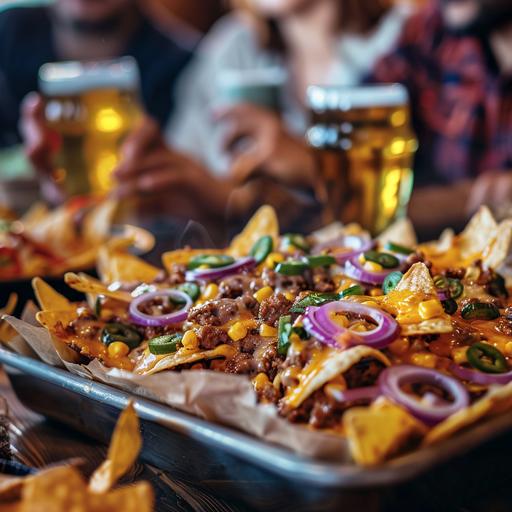 group of friends at a upscale brewery, faces cropped out of image, sharing nachos, and drinking craft beers, depth of field focuining on the quality of the nachos served in a metal tray, with crisp tortilla,s ground meat, red onions, melted cheese, hyperrealistic 4k, background