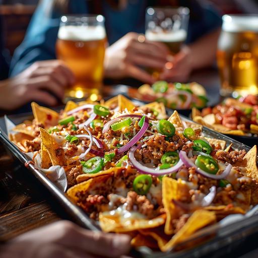 group of friends at a upscale brewery, faces cropped out of image, sharing nachos, and drinking craft beers, depth of field focuining on the quality of the nachos served in a metal tray, with crisp tortilla,s ground meat, red onions, melted cheese, hyperrealistic 4k, background