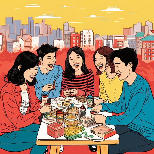 group of friends playing board game, drinking, eating, having fun, minimal, representing Vietnamese culture, targeting on millennial generation and Vietnamese people who live far away from home and feeling homesick, pop colour, line drawing. The selling products include childhood's snacks, retro style