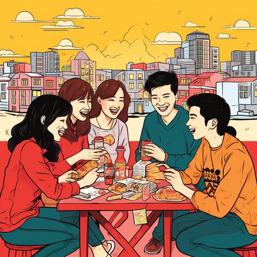 group of friends playing board game, drinking, eating, having fun, minimal, representing Vietnamese culture, targeting on millennial generation and Vietnamese people who live far away from home and feeling homesick, pop colour, line drawing. The selling products include childhood's snacks, retro style