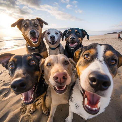 group of happy dogs taking a selfie at the beach