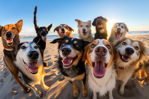 group of happy dogs taking a selfie at the beach