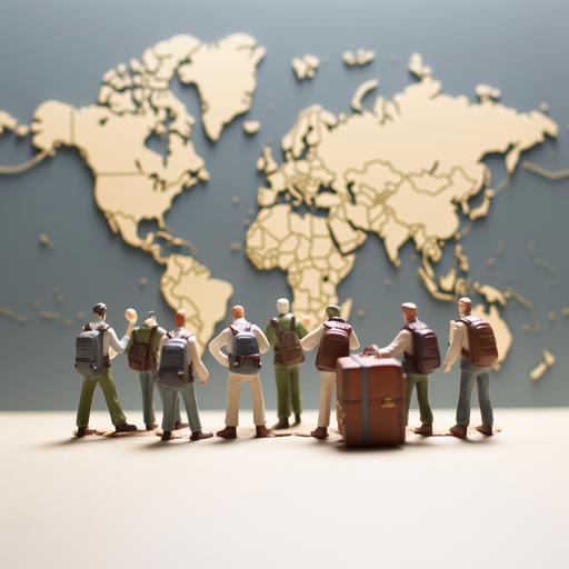 group of miniature people figure with backpacks standing in front of a black world map on a white wall and looking towards map. camera angle is from above, from back of the figures. The lighting is soft, warm, pleasant atmosphere. muted and neutral colors. T