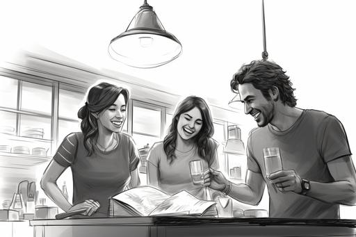 group of mixed friends in a kitchen cooking laughing, storyboard style, sketch illustration, black and white --ar 3:2
