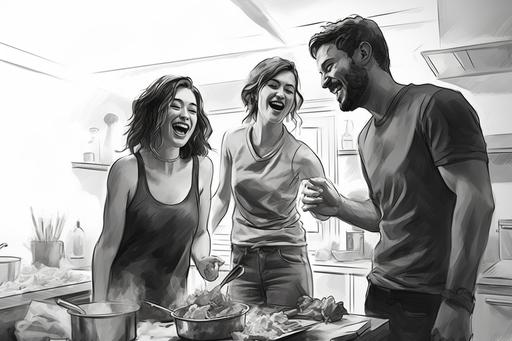 group of mixed friends in a kitchen cooking laughing, storyboard style, sketch illustration, black and white --ar 3:2