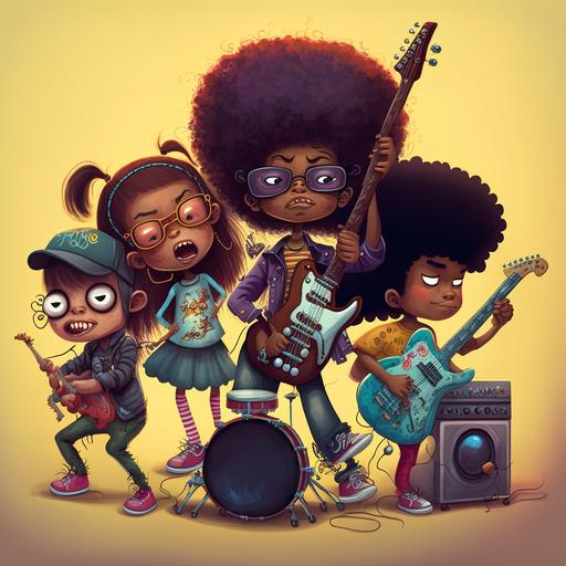 group of multi-ethnic kids in a band with 1 little girl singing, 1 kid playing the drums, 1 kid playing the guitar, on kid playing the bass guitar, 1 kid on a trumpet, cartoon, highly detailed, pixar style --v 4