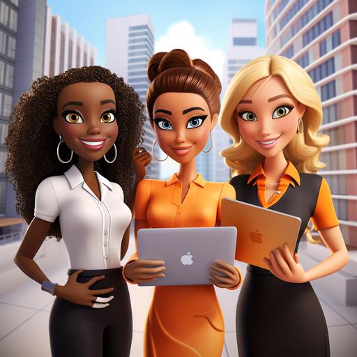 group of woman who dressed professionaly, black woman, blonde white woman, and hispanic woman, promoting Realestate company. cartoon 3d pixar. minimal background. Orange accents. holding laptops and keys. Modern luxury office in the background