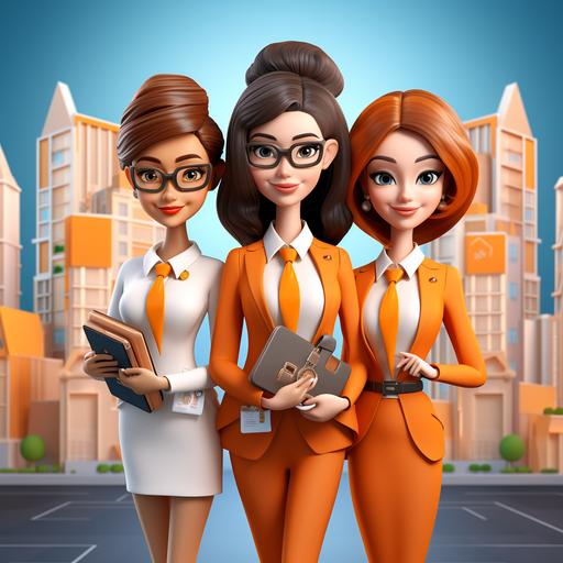 group of woman who dressed professionaly, promoting Realestate company. cartoon 3d pixar. minimal background. Orange accents. holding laptops and keys. Modern luxury office in the background.