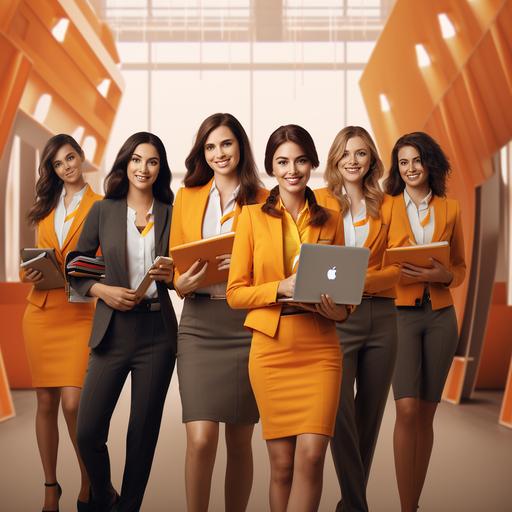 group of woman who dressed professionaly, promoting Realestate company. cartoon 3d pixar. minimal background. Orange accents. holding laptops and keys. Modern luxury office in the background.