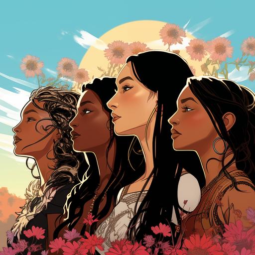 group of women's profiles together in solidarity. African woman side profile drawing with tropical flowers in her brown hair. Blonde woman side profile drawing with daisies in her hair. Japanese woman with cherry blossoms in her black silvery hair. Indian woman with lotus flowers in her black hair. Native American woman with Cherokee roses in her black hair. Comic book graphic style. Sharp and vibrant colors. Sharp lines. Bold. --v 5.2