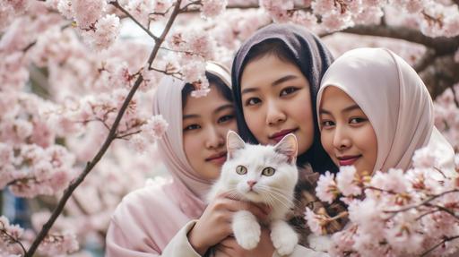 group of young happy young muslim malay girl in a pink raincoat,holding grey cats, under cherry blossom tree, daytime, Leica M10-R, Backlighting, --s 750 --q 2 --ar 16:9