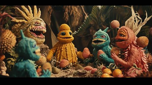 group scene with fruit monster boss durian arguing with intimidated employee creatures , 1970s experimental movie by Sid and Marty Krofft, improvised felt costume groovy patterns in practical effects cheap sets, vintage cinematic still in muted colors --v 6.0 --ar 16:9
