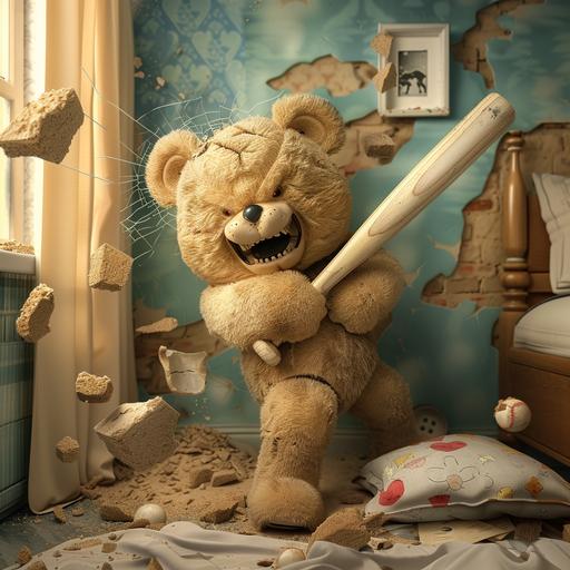 grumpy , angry, teddy bear is using a baseball bat smashing the wall of bedroom, wall is broken