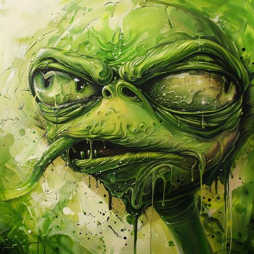 grumpy green alien pukes