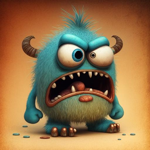grumpy monster character, cartoon character, fun, childish, drawing