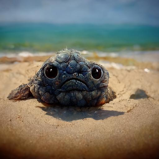 grumpy turtle with a big head, beach 1980x1080, ultra realistic
