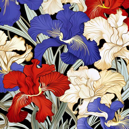 gucci style textile pattern, Japanese iris, bold colors, Yoshida Hiroshi Style, seamless pattern, high detail, offset repeating pattern, vector design