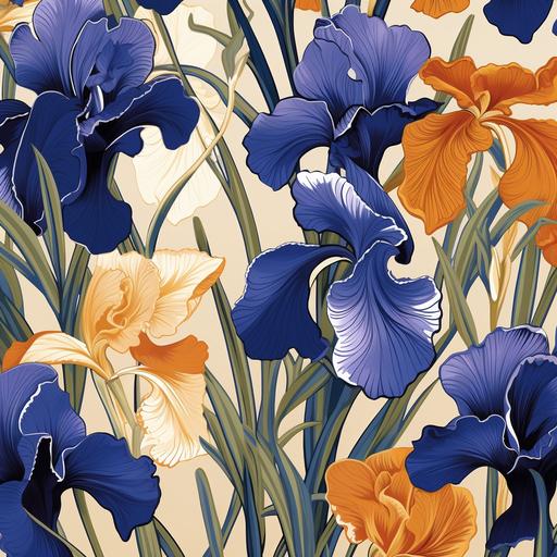 gucci style textile pattern, Japanese iris, harmonic colors, seamless pattern, high detail, offset repeating pattern, vector design --v 5.2