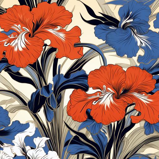 gucci style textile pattern, Japanese iris, bold colors, Yoshida Hiroshi Style, seamless pattern, high detail, repeating pattern, vector design