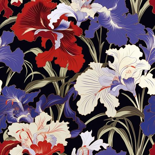 gucci style textile pattern, Japanese iris, bold colors, Yoshida Hiroshi Style, seamless pattern, high detail, repeating pattern, vector design --tile