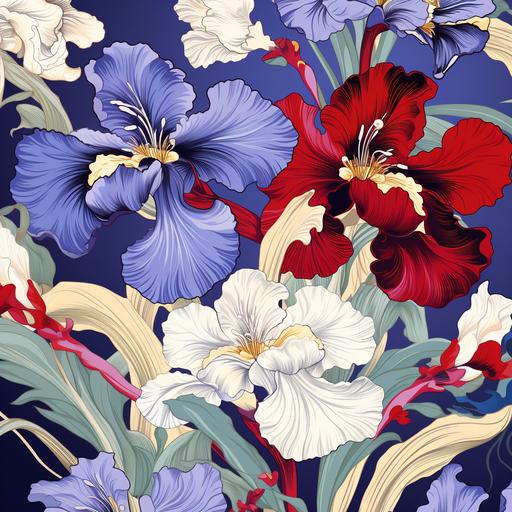 gucci style textile pattern, Japanese iris, bold colors, Yoshida Hiroshi Style, seamless pattern, high detail, offset repeating pattern, vector design