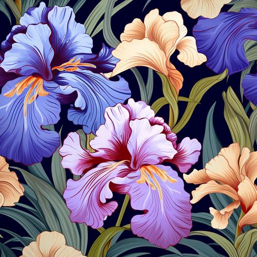 gucci style textile pattern, Japanese iris, bold colors, Yoshida Hiroshi Style, seamless pattern, high detail, repeating pattern, vector design