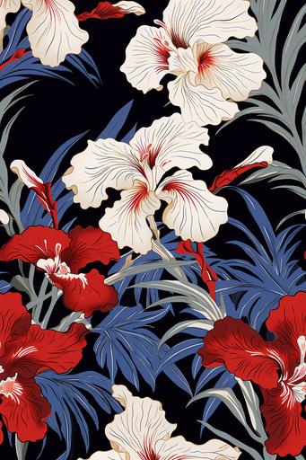 gucci style textile pattern, Japanese iris, bold colors, Yoshida Hiroshi Style, seamless pattern, low detail, repeating pattern, vector design