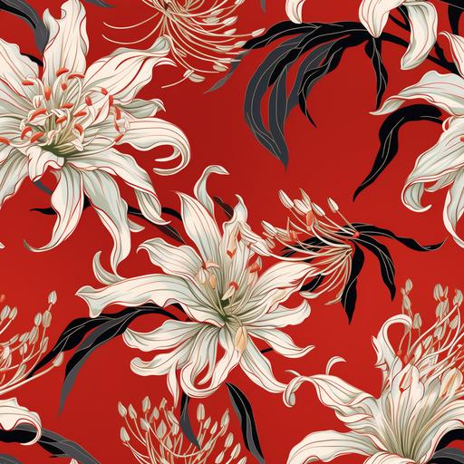 gucci style textile pattern, red spider lily, six soft colors, Yoshida Hiroshi Style, seamless pattern, low detail, repeating pattern, vector design --tile