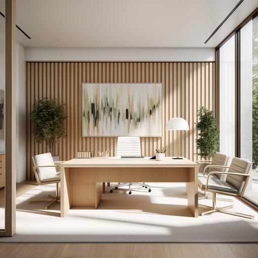 guilded age CEO's private office, grand space, light wood accents, natural light, contemporary design, forced perspective view, symmetry, vertical wood slats, ellsworth kelly painting