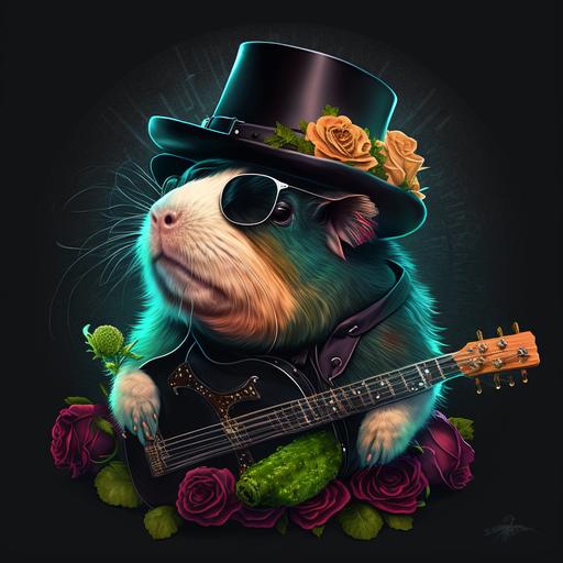 guinea pig playing electric guitare, Gun's and roses, slash, top hat, concert, 4k, --v 4