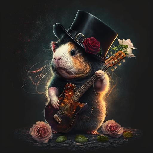 guinea pig playing electric guitare, Gun's and roses, slash, top hat, concert, 4k, --v 4