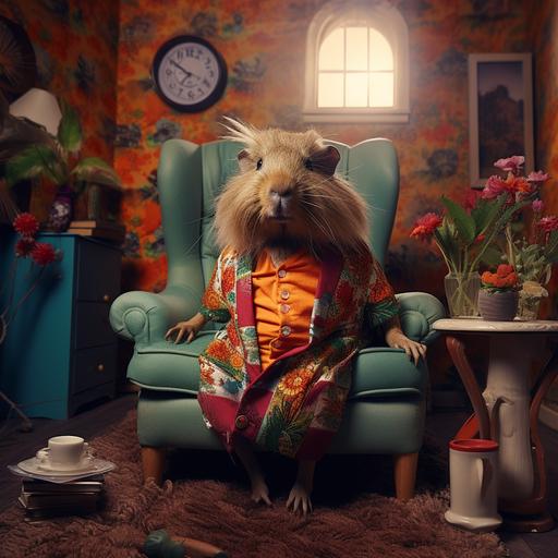 guinea pig wearing clothes sitting on chair in eclectic room